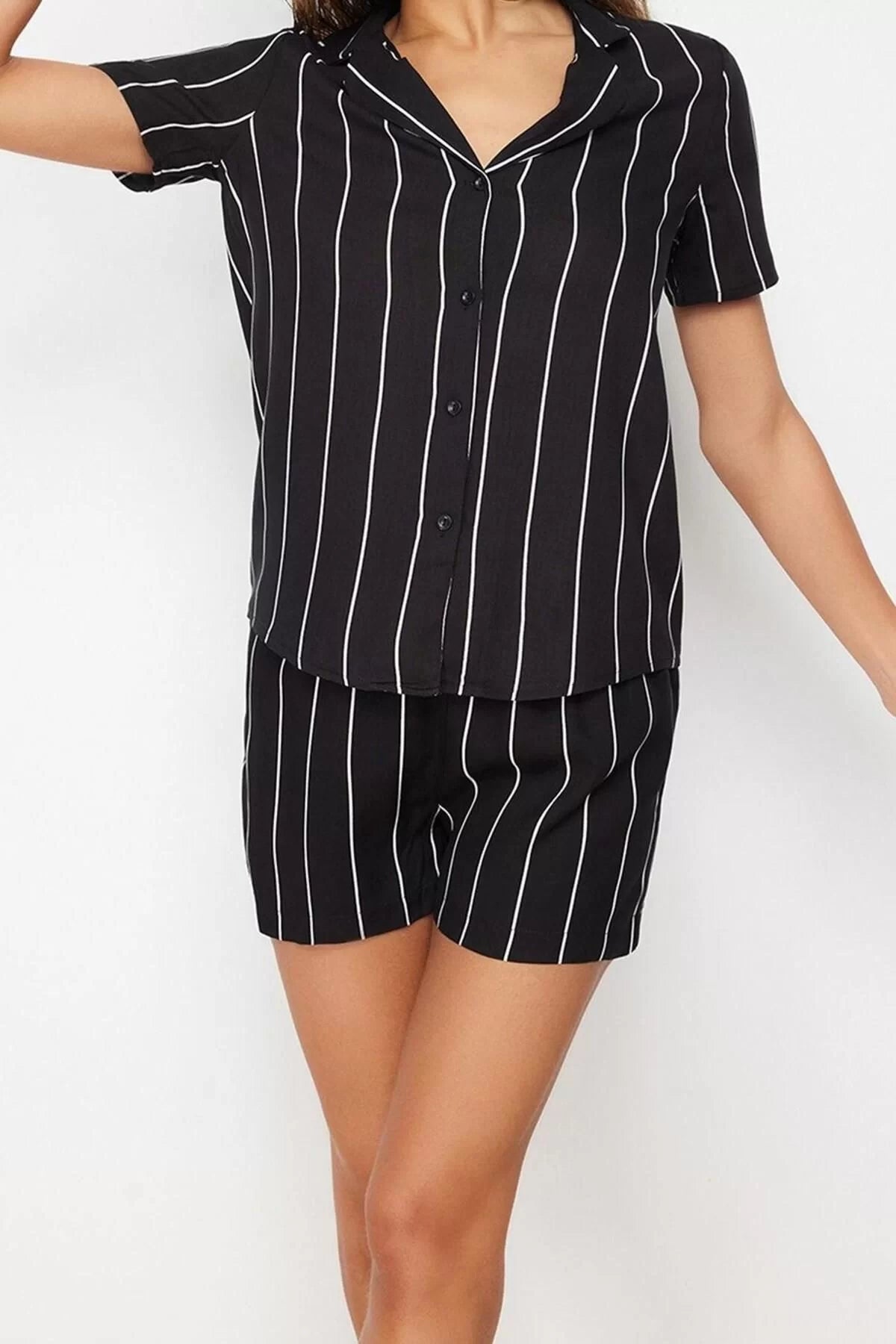 Women's Fashion Stylish Shirt Collar Wide Leg Short Sleeve Striped Viscose Woven Pajama Set