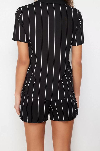 Women's Fashion Stylish Shirt Collar Wide Leg Short Sleeve Striped Viscose Woven Pajama Set