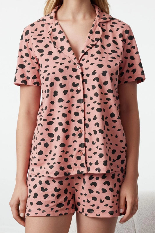 Women's Fashion Stylish Shirt Collar Straight Leg Short Sleeve 100% Cotton Leopard Patterned Knitted Pajama Set