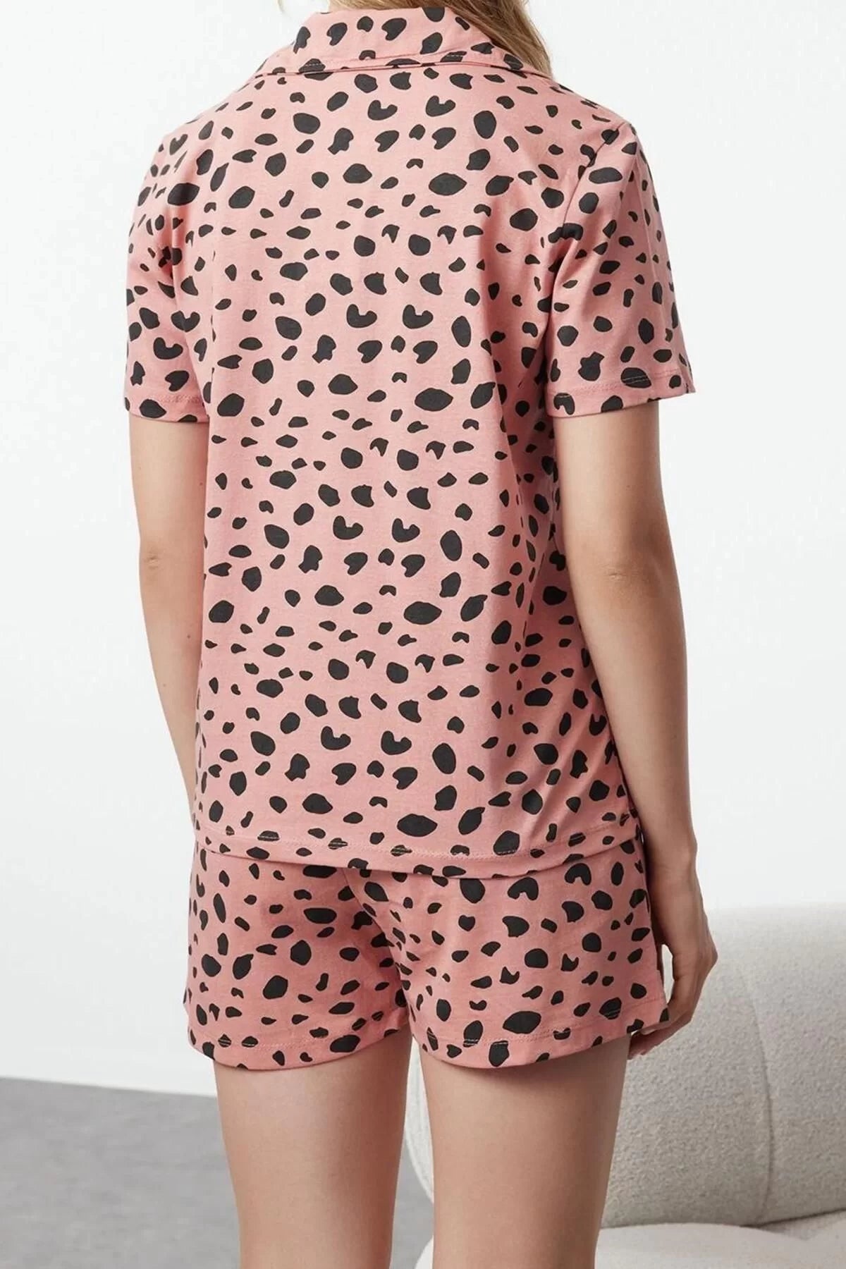 Women's Fashion Stylish Shirt Collar Straight Leg Short Sleeve 100% Cotton Leopard Patterned Knitted Pajama Set