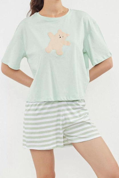 Women's Fashion Stylish Crew Neck Tube Leg Short Sleeve 100% Cotton Teddy Bear Printed Knitted Pajama Set