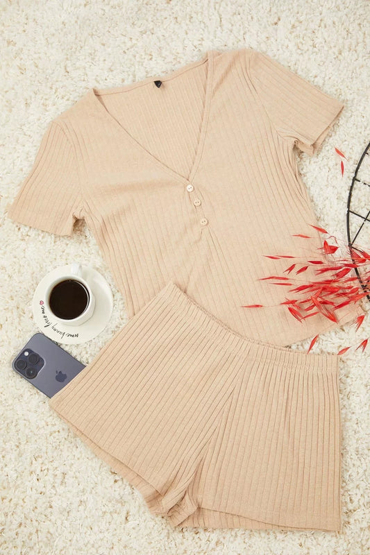 Women's Fashion Stylish V Neck Skinny Leg Short Sleeve Button Detailed Ribbed Knitted Pajama Set