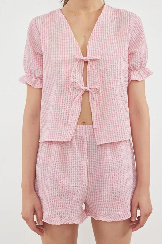 Women's Fashion Stylish V Neck Wide Leg Short Sleeve Textured Gingham Tie Ribbon Woven Pajama Set