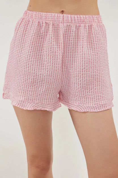 Women's Fashion Stylish V Neck Wide Leg Short Sleeve Textured Gingham Tie Ribbon Woven Pajama Set