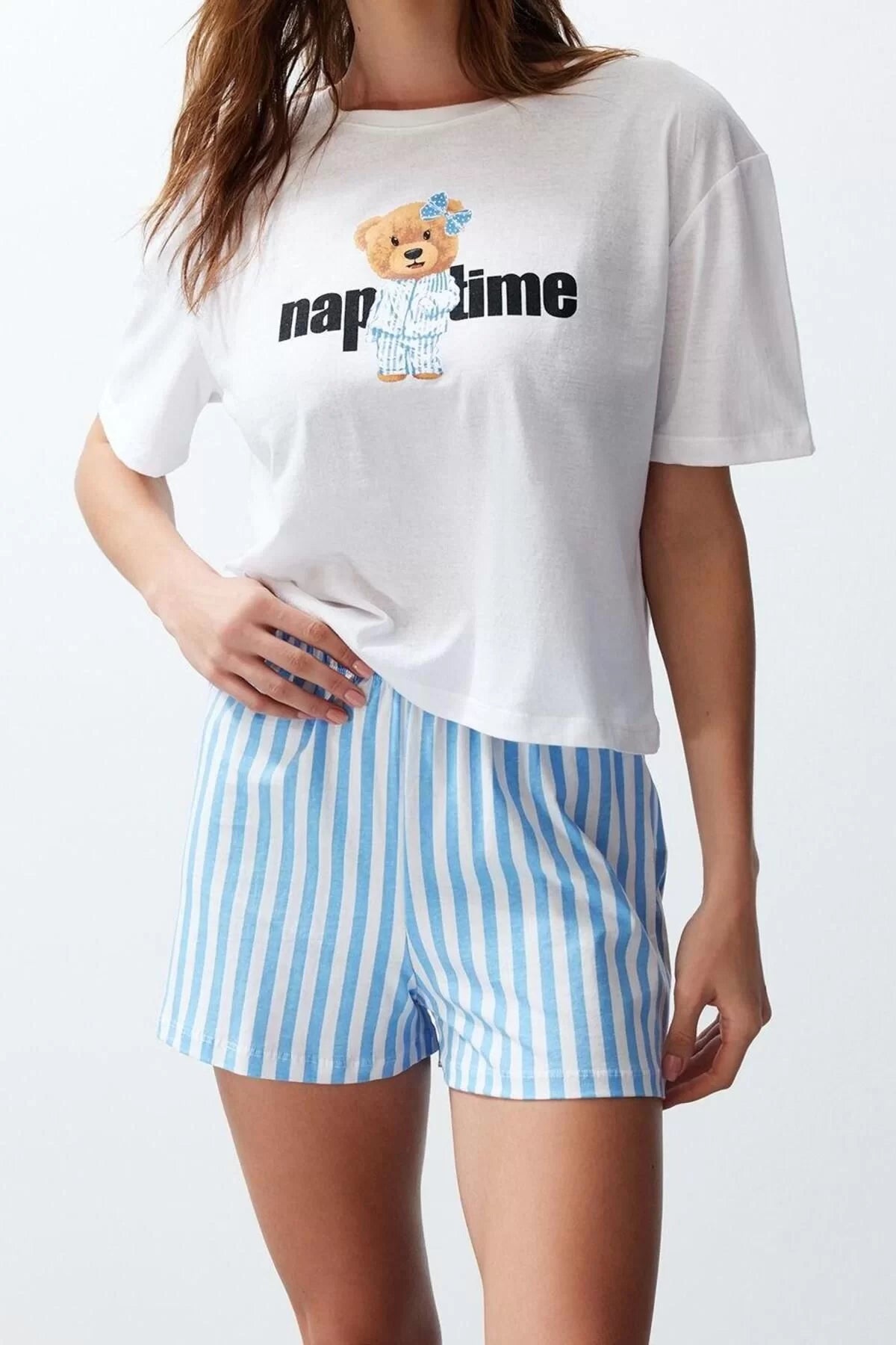 Women Fashion Stylish Crew Neck Tube Leg Short Sleeve Women's 100% Cotton Striped Knitted Pajama Set