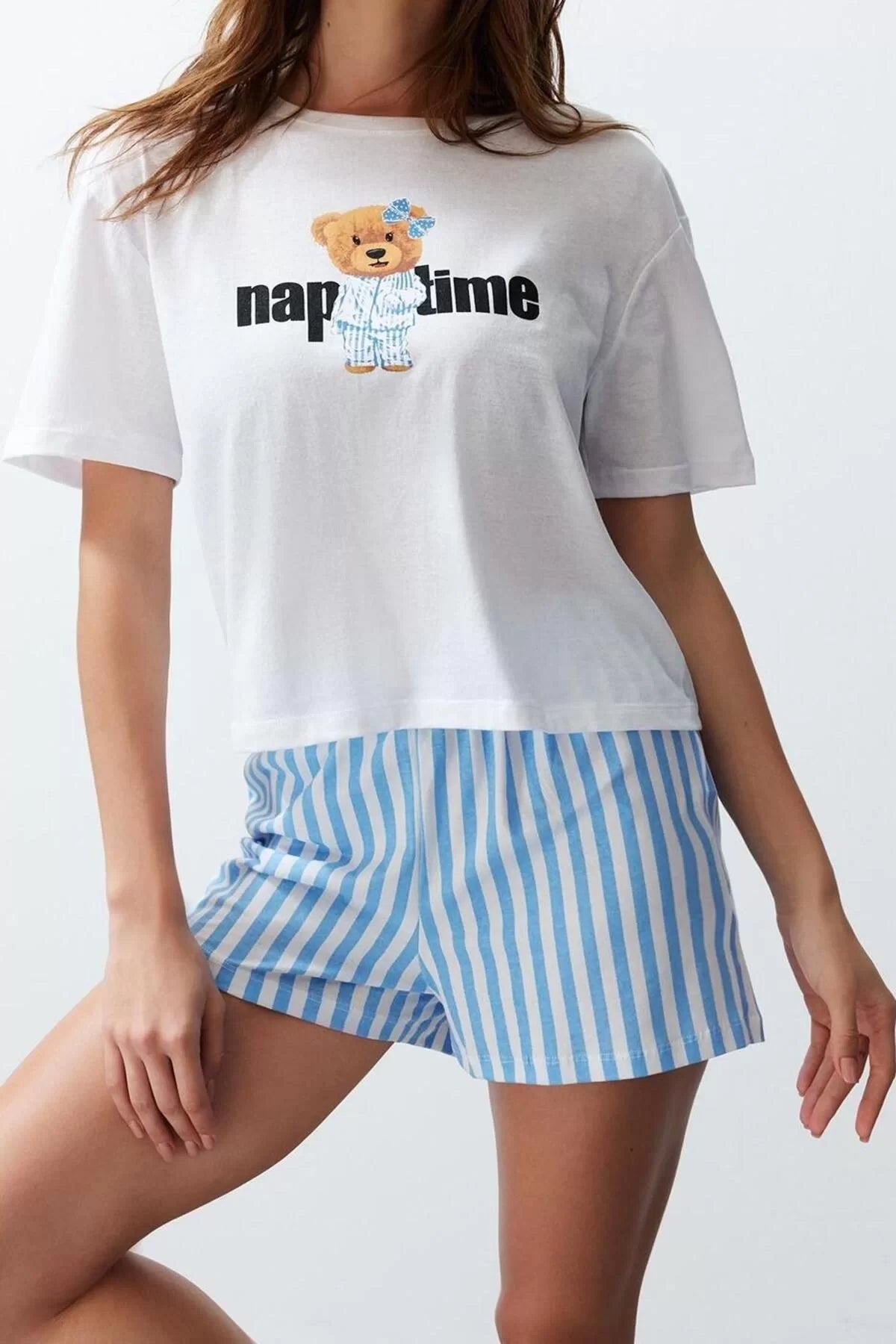 Women Fashion Stylish Crew Neck Tube Leg Short Sleeve Women's 100% Cotton Striped Knitted Pajama Set