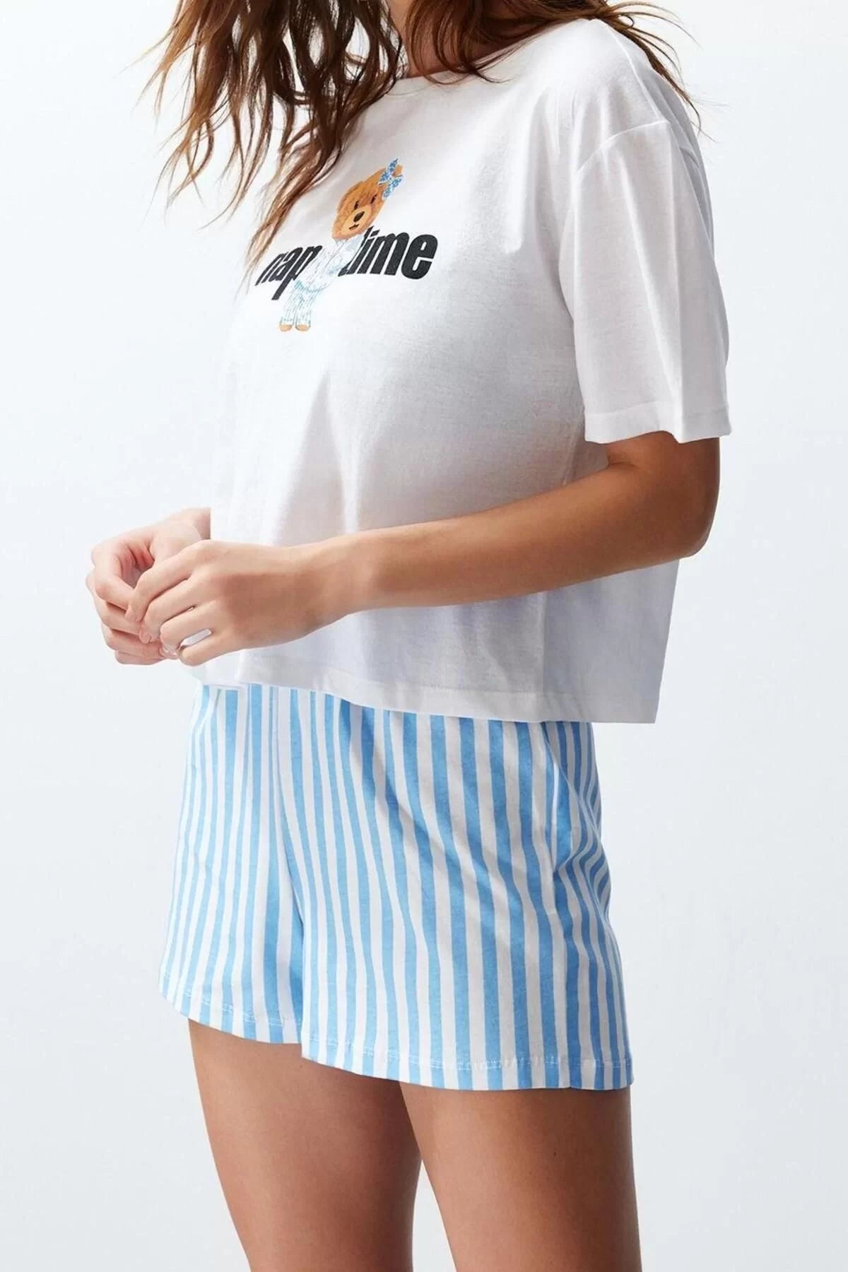 Women Fashion Stylish Crew Neck Tube Leg Short Sleeve Women's 100% Cotton Striped Knitted Pajama Set