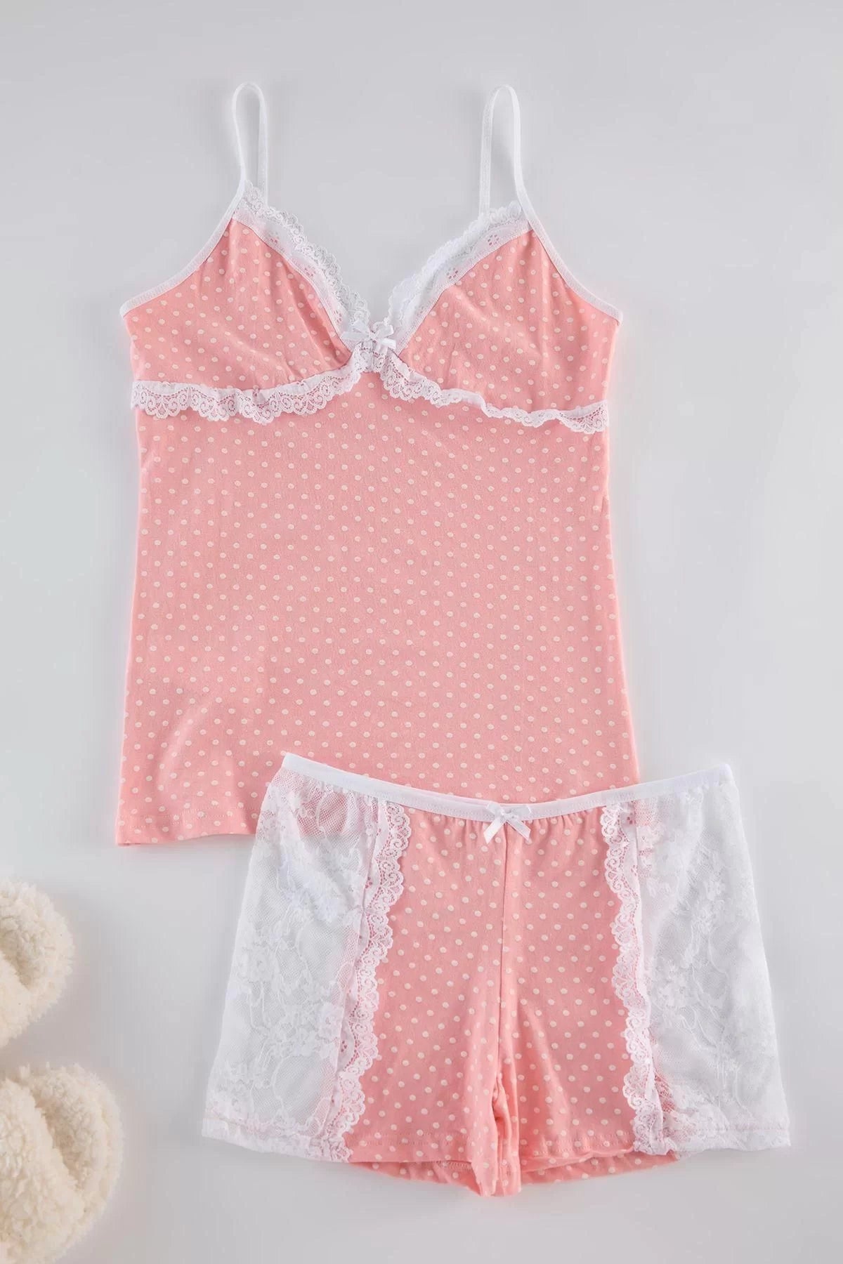 Women's V Neck Skinny Leg Cotton Polka Dot Lace and Ribbon Bow Detail Knitted Pajama Set