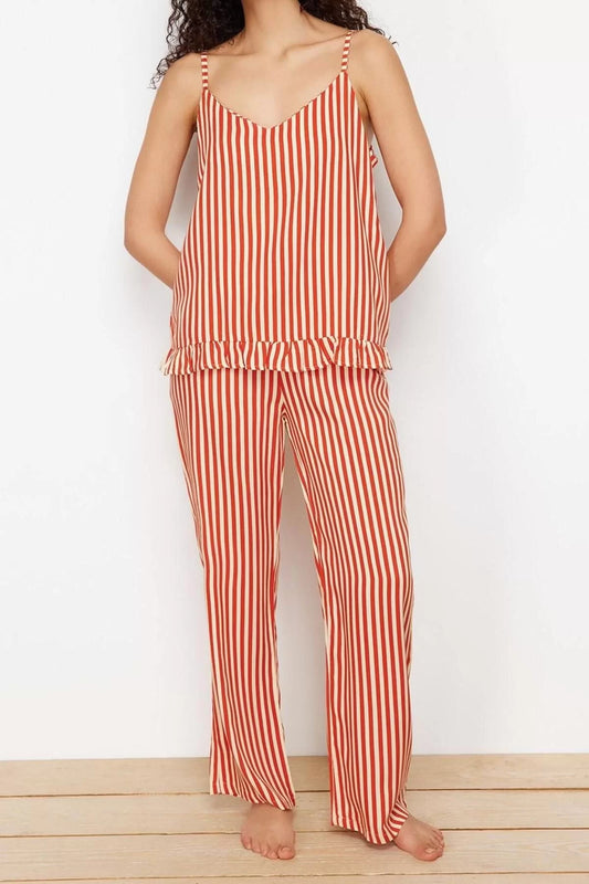 Women's Fashion Pool Neck Wide Leg Strap Sleeve Striped Ruffle Detailed Rope Viscose Woven Pajama Set