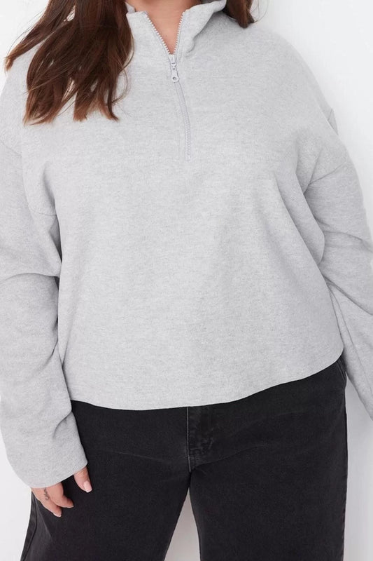 Women Plus Size Fashion Stylish Regular Stand Collar Low Sleeve Crop Sweatshirt