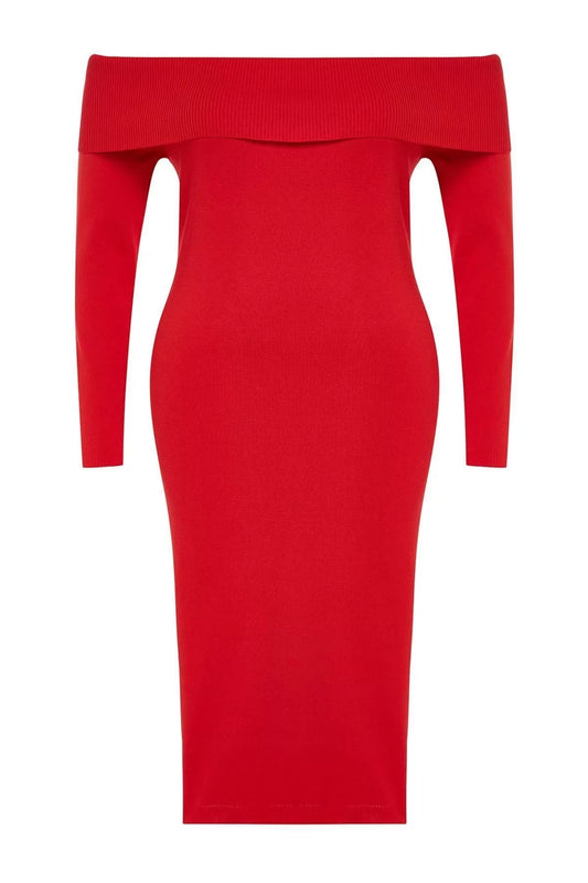 Women Fashion Stylish Plus Size Midi Length Carmen Collar Fitted Bodycon Knit Dress