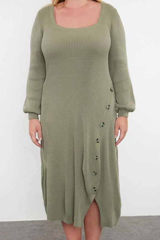 Women Fashion Stylish Plus Size Midi Length Square Neck Slim Button Detail Slit Knit Dress