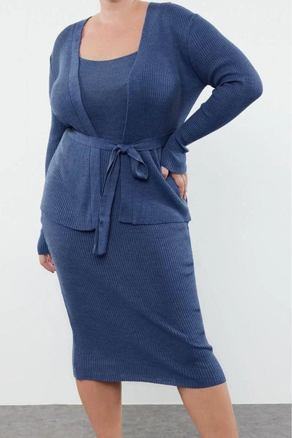 Women Fashion Stylish Plus Size Midi Length Crew Neck Relaxed Ribbed Belted 2-Piece Knitwear Cardigan-Dress