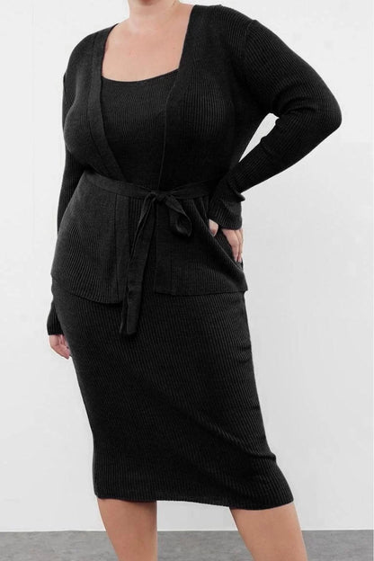 Women Fashion Stylish Plus Size Midi Length Crew Neck Relaxed Ribbed Belted 2-Piece Knitwear Cardigan-Dress