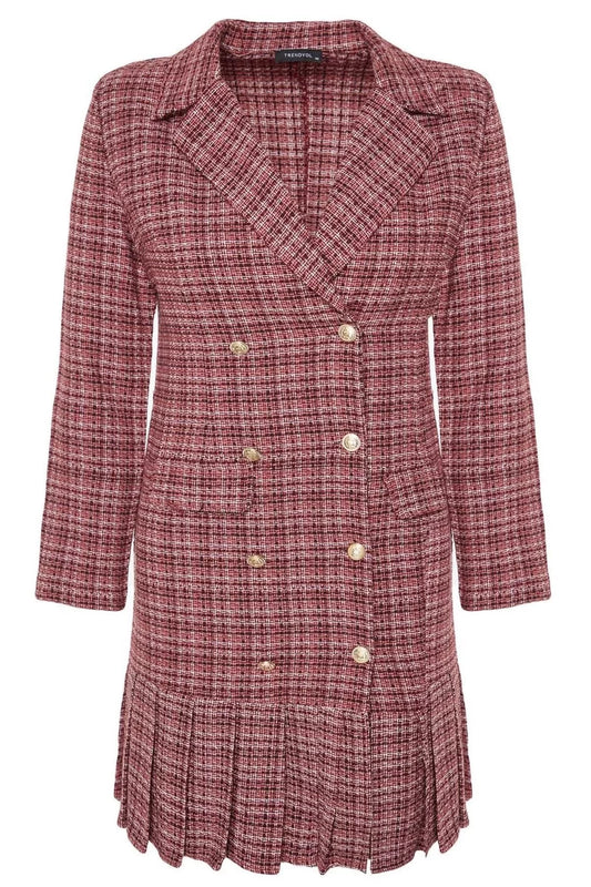 Women Fashion Stylish Plus Size Mini Length Jacket Collar Fitted Plaid Pattern Detailed Woven Dress