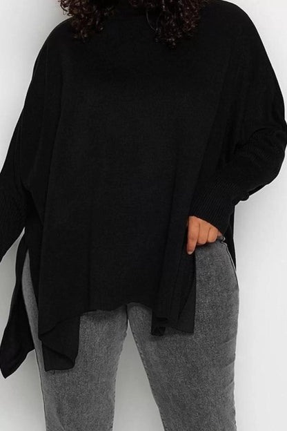 Women's Fashion Stylish Plus Size Stand Collar Standard Sleeve Long Slit Detail Relax Fit Knitwear Sweater