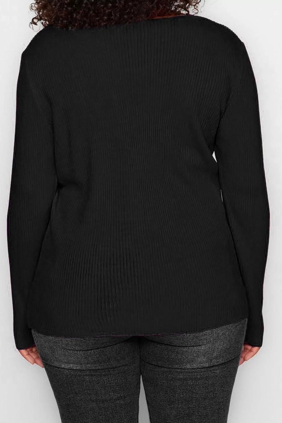 Women Fashion Stylish Plus Size V Neck Regular Sleeve Knitted Sweater with Front Knot Detail