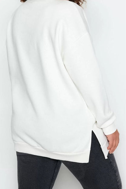 Women's Plus Size Oversize Crew Neck Standard Sleeve Thick Fleece Inside Slit Knitted Sweatshirt