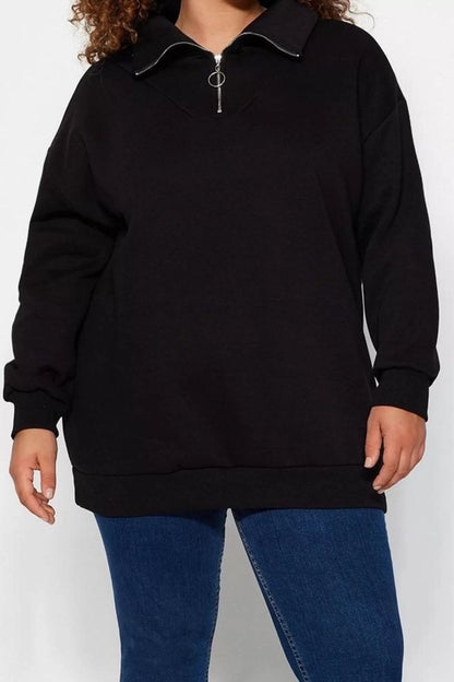 Women's Plus Size Oversize Zippered Collar Low Sleeve Long Thick Fleece Inside Zippered Knitted Sweatshirt