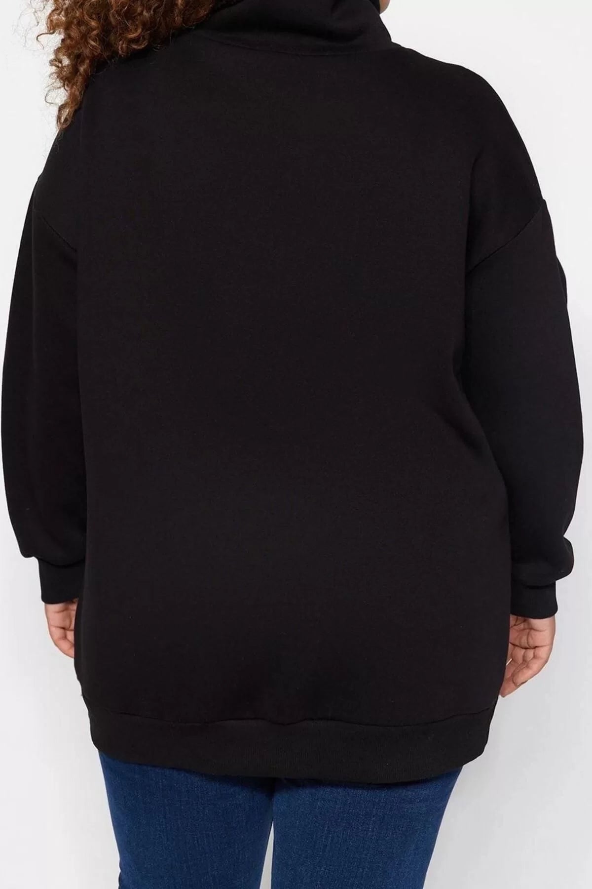 Women's Plus Size Oversize Zippered Collar Low Sleeve Long Thick Fleece Inside Zippered Knitted Sweatshirt