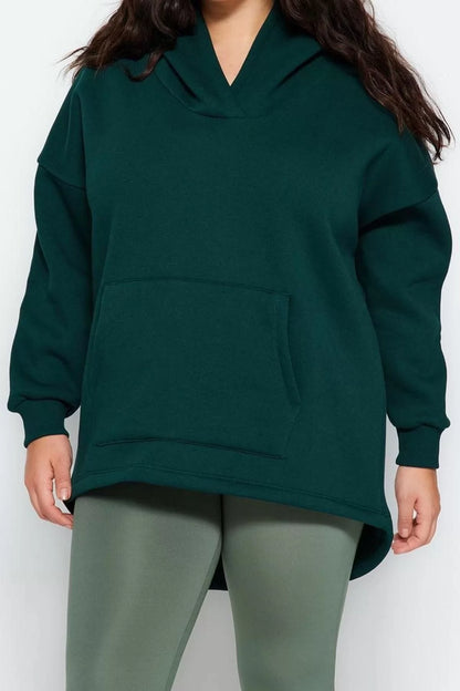 Women's Plus Size Fashion Stylish Oversize Hooded Low Sleeve Regular Thick Fleece Knitted Sweatshirt