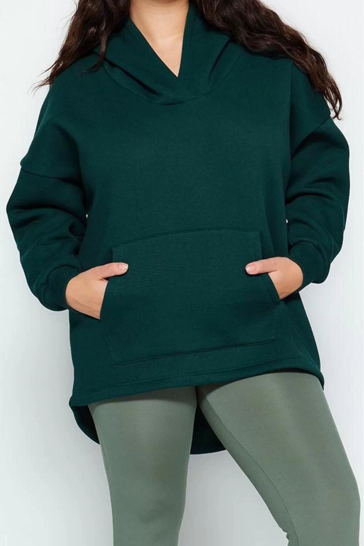 Women's Plus Size Fashion Stylish Oversize Hooded Low Sleeve Regular Thick Fleece Knitted Sweatshirt