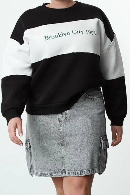 Women's Plus Size Oversize Crew Neck Low Sleeve Thick Fleece Inside Embroidered Detailed Knitted Sweatshirt