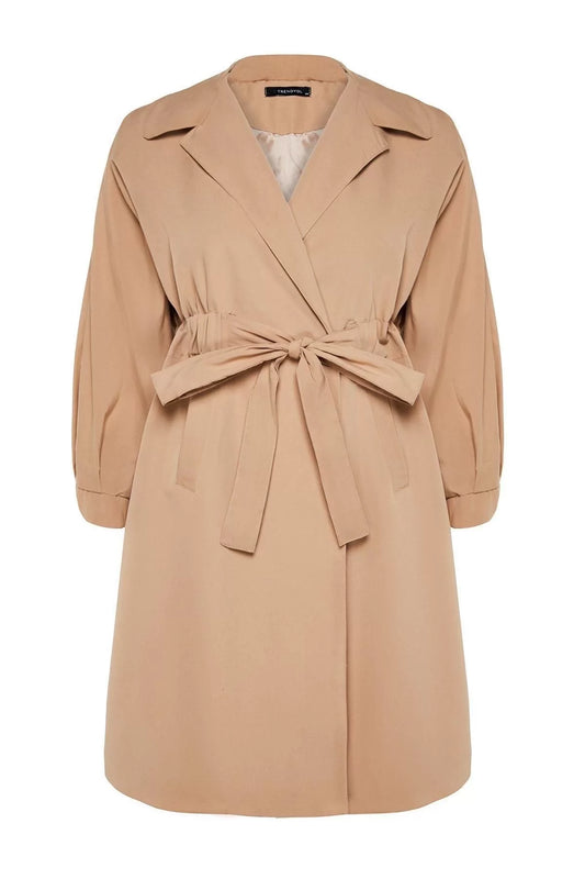 Women's Plus Size Fashion Stylish Regular Jacket Collar Long Plain Lined Waist Belted Seasonal Trench Coat