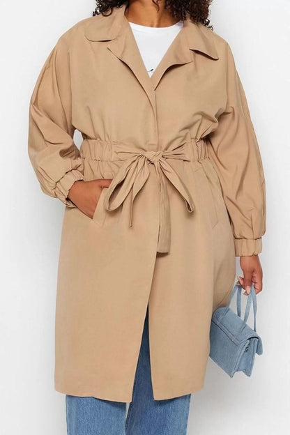 Women's Plus Size Fashion Stylish Regular Jacket Collar Long Plain Lined Waist Belted Seasonal Trench Coat