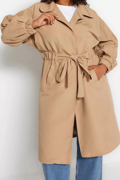 Women's Plus Size Fashion Stylish Regular Jacket Collar Long Plain Lined Waist Belted Seasonal Trench Coat