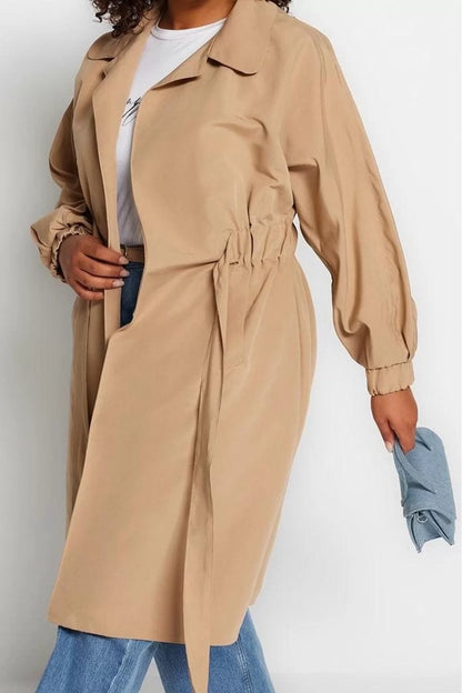 Women's Plus Size Fashion Stylish Regular Jacket Collar Long Plain Lined Waist Belted Seasonal Trench Coat