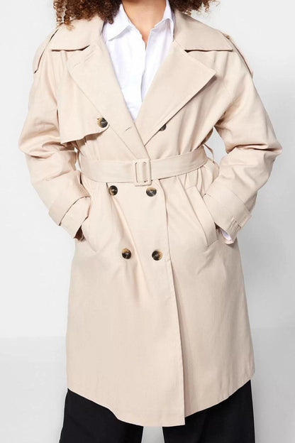 Women's Plus Size Fashion Stylish Oversize Jacket Collar Long Plain Lined Belted Gabardine Seasonal Trench Coat