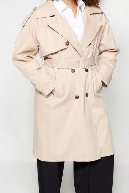 Women's Plus Size Fashion Stylish Oversize Jacket Collar Long Plain Lined Belted Gabardine Seasonal Trench Coat