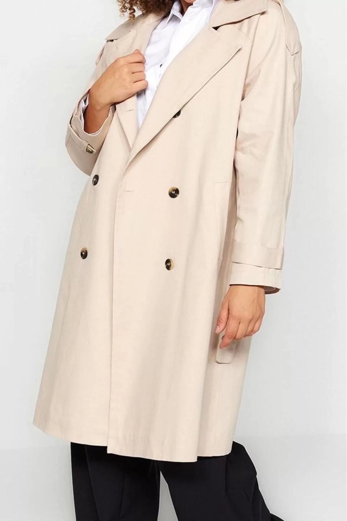 Women's Plus Size Fashion Stylish Oversize Jacket Collar Long Plain Lined Belted Gabardine Seasonal Trench Coat