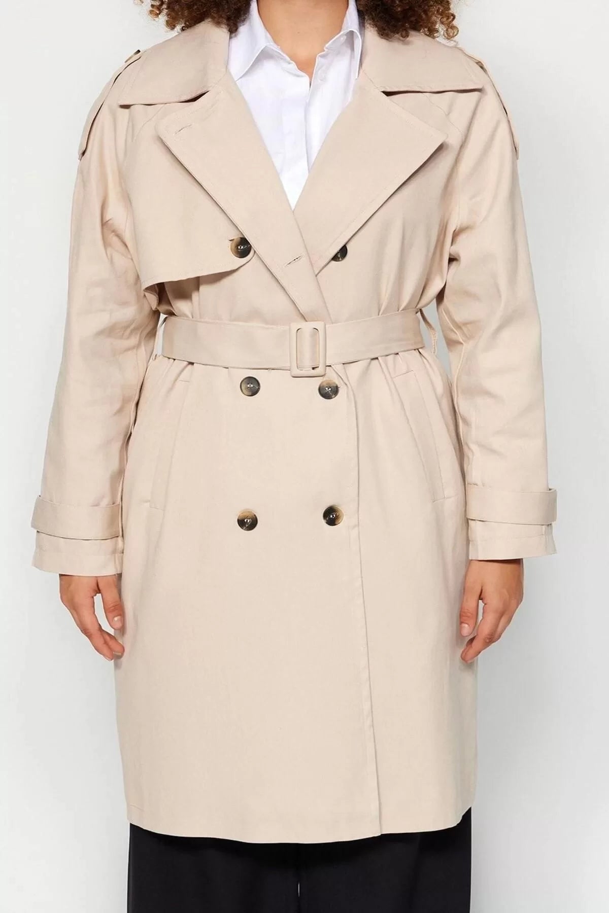 Women's Plus Size Fashion Stylish Oversize Jacket Collar Long Plain Lined Belted Gabardine Seasonal Trench Coat