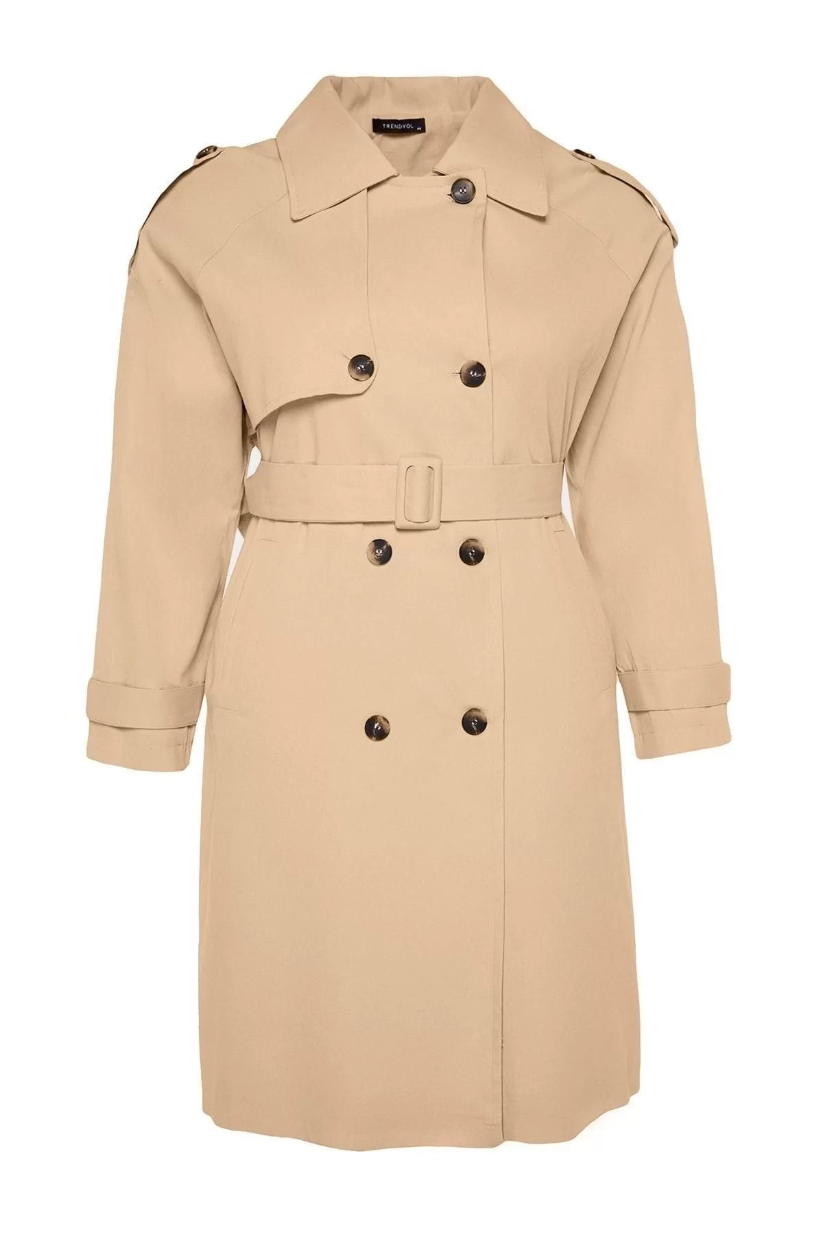 Women's Plus Size Fashion Stylish Oversize Jacket Collar Long Plain Lined Belted Gabardine Seasonal Trench Coat