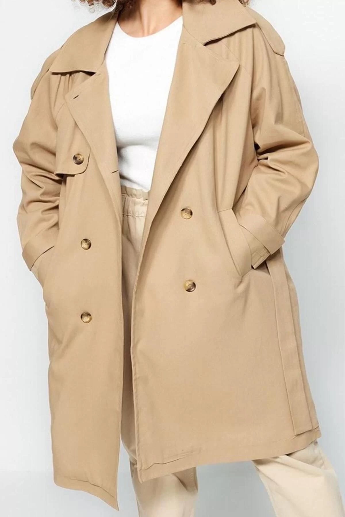 Women's Plus Size Fashion Stylish Oversize Jacket Collar Long Plain Lined Belted Gabardine Seasonal Trench Coat