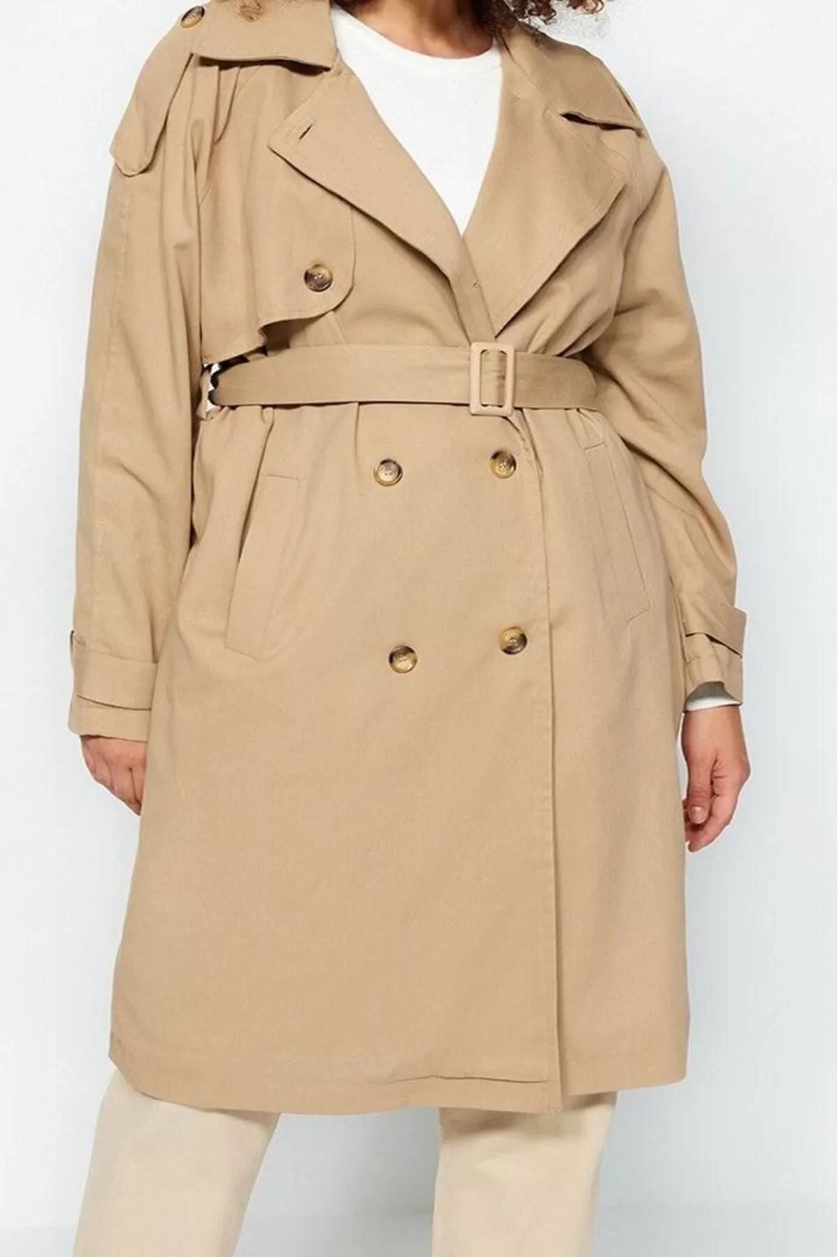 Women's Plus Size Fashion Stylish Oversize Jacket Collar Long Plain Lined Belted Gabardine Seasonal Trench Coat