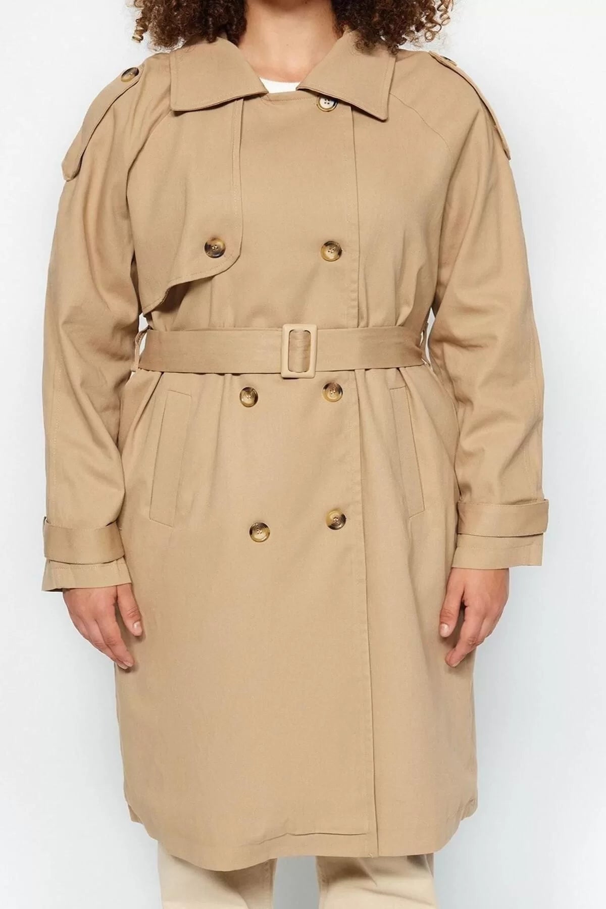 Women's Plus Size Fashion Stylish Oversize Jacket Collar Long Plain Lined Belted Gabardine Seasonal Trench Coat