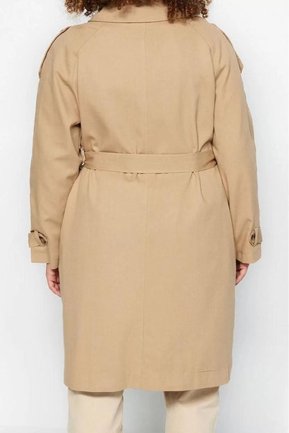 Women's Plus Size Fashion Stylish Oversize Jacket Collar Long Plain Lined Belted Gabardine Seasonal Trench Coat