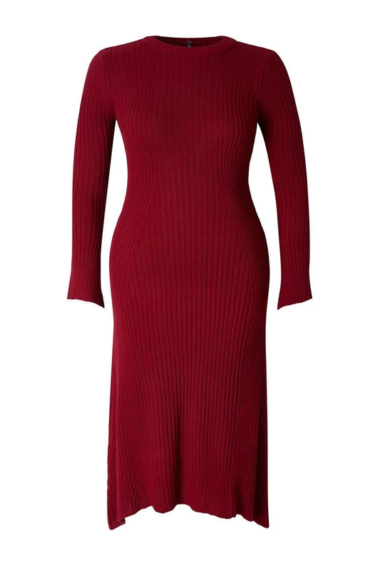 Women Fashion Stylish Plus Size Midi Length Crew Neck Fitted Burgundy Corduroy Knit Dress