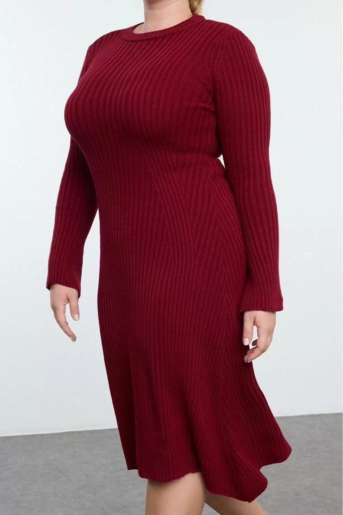 Women Fashion Stylish Plus Size Midi Length Crew Neck Fitted Burgundy Corduroy Knit Dress