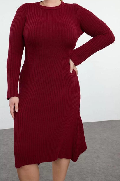 Women Fashion Stylish Plus Size Midi Length Crew Neck Fitted Burgundy Corduroy Knit Dress