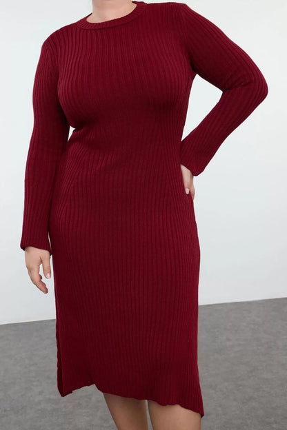 Women Fashion Stylish Plus Size Midi Length Crew Neck Fitted Burgundy Corduroy Knit Dress