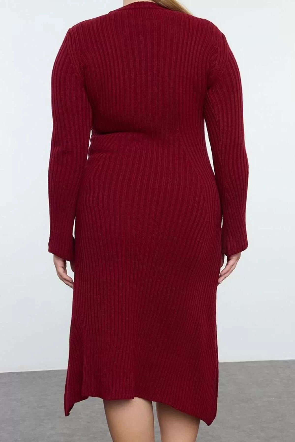 Women Fashion Stylish Plus Size Midi Length Crew Neck Fitted Burgundy Corduroy Knit Dress