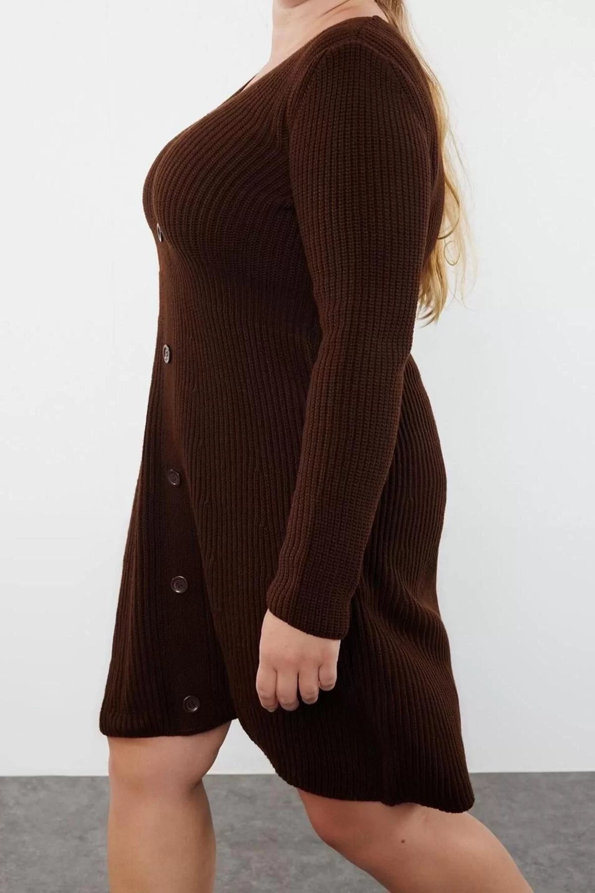 Women Fashion Stylish Plus Size Mini V Neck Fitted Knitted Dress