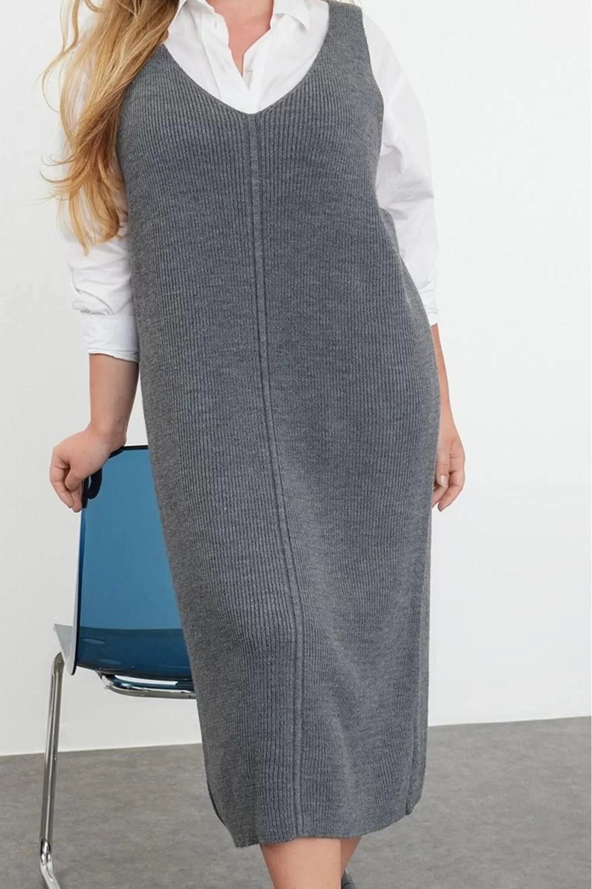 Women Fashion Stylish Plus Size Midi Length V Neck Fitted Vest Knit Dress