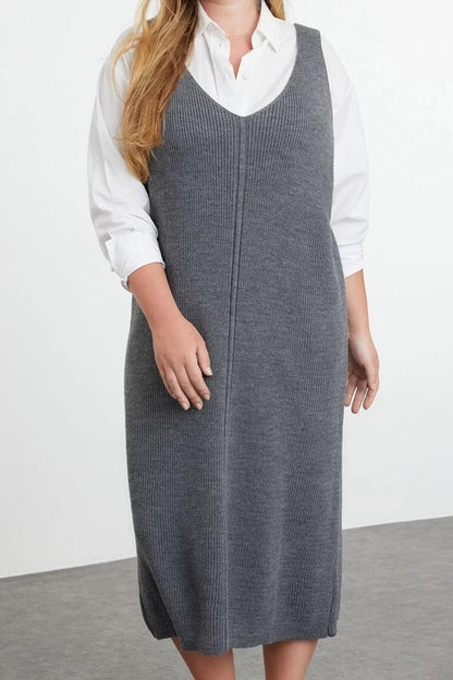 Women Fashion Stylish Plus Size Midi Length V Neck Fitted Vest Knit Dress