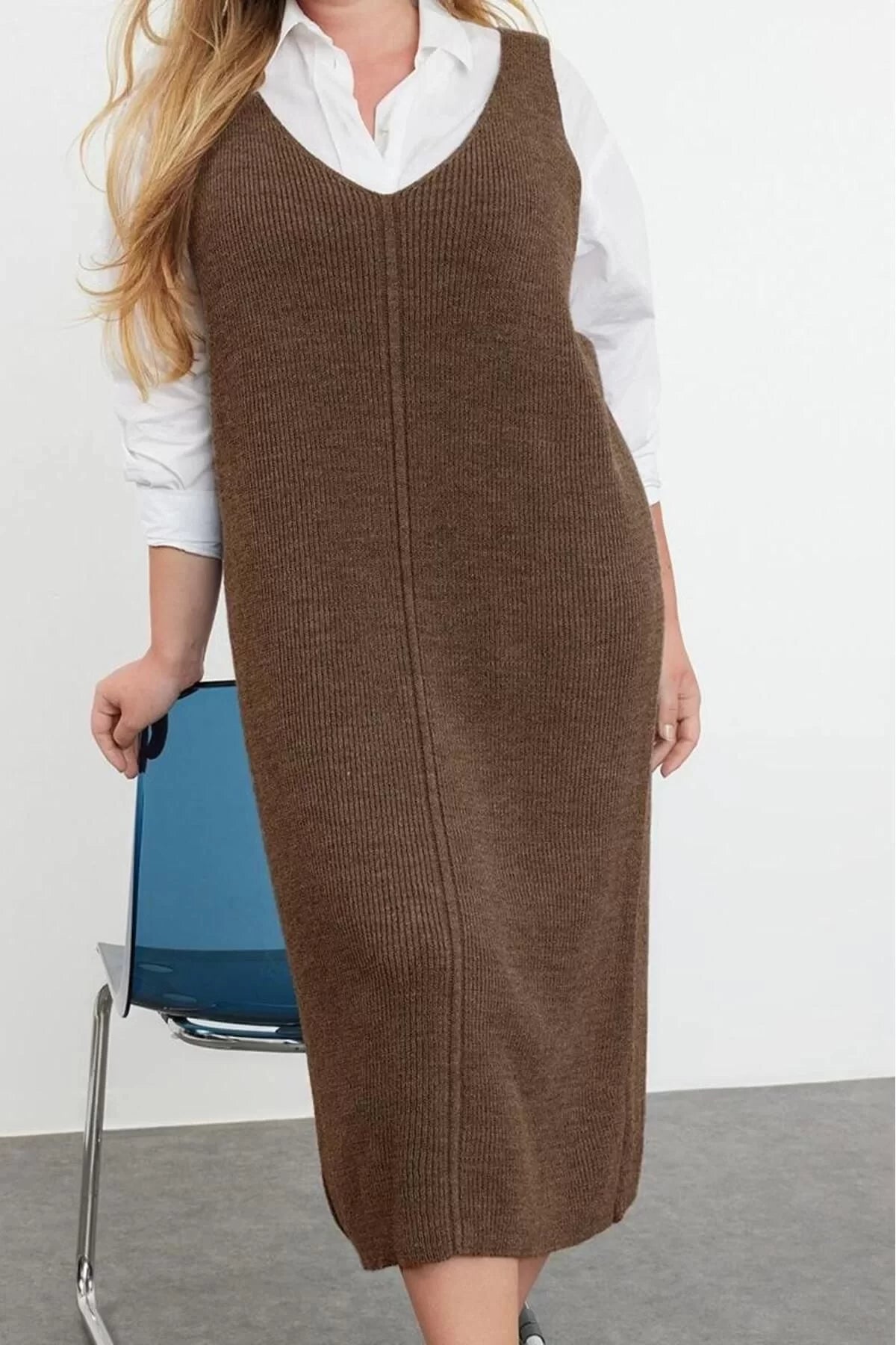 Women Fashion Stylish Plus Size Midi Length V Neck Fitted Vest Knit Dress