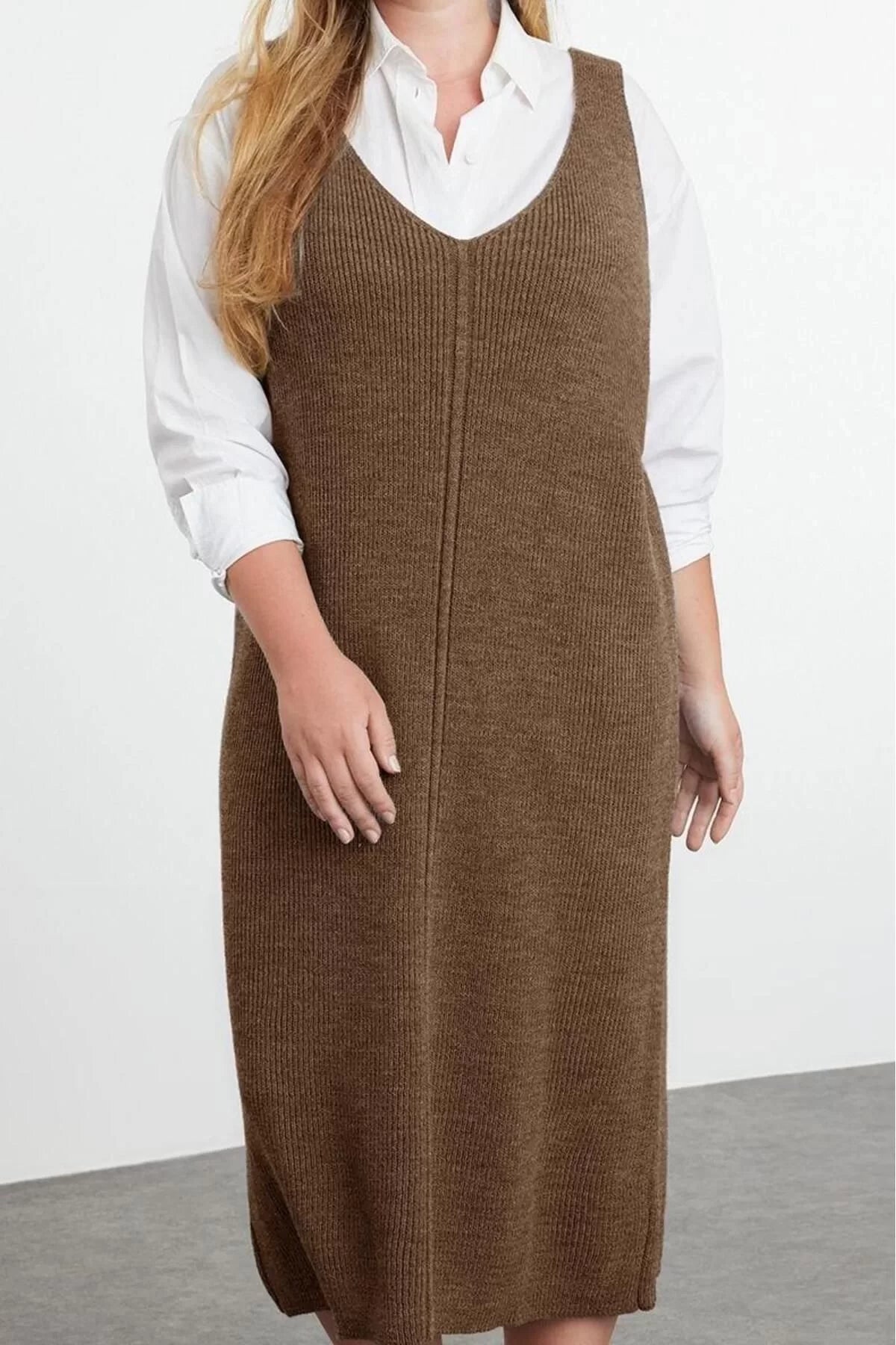 Women Fashion Stylish Plus Size Midi Length V Neck Fitted Vest Knit Dress